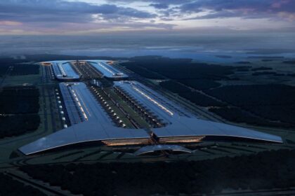 Aerial concept rendering of Tesla and SpaceX's massive Terafab semiconductor factory in Grimes County, Texas
