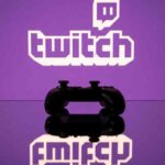 Twitch logo displayed on a computer screen with a streamer's face in the background